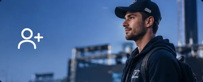 Smiling worker in a cap looking into the distance at dusk, with a sign-up icon