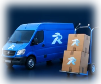 Branded blue van with boxes on a hand truck