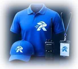 Blue RabbitOTG polo shirt and cap, a handheld radio and an event badge