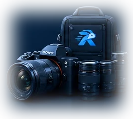 Camera with a camera bag and lenses